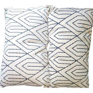 Throw Pillows 20" x12" Navy & White Embroidered Geometric Pattern Decorative